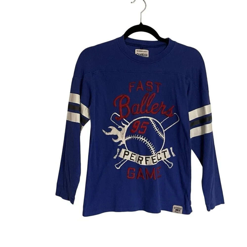 Oshkosh B'Gosh Boys 12 Blue Baseball Theme Embroidered L/Sleeve Pullover T-Shirt